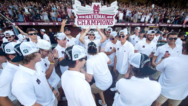 Mississippi State University’s baseball players cheer during their 2021 Baseball National Championship ceremony at the Dudy Noble Field at Polk-Dement Stadium on Friday, July 2, 2021.