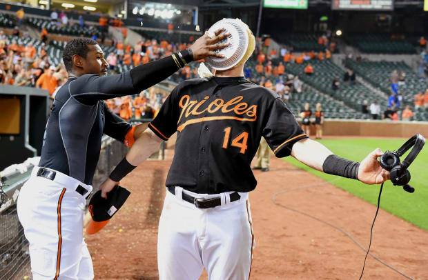 Adam Jones On The End Of The Pie Celebration