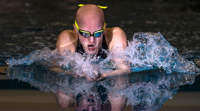 Leah tackles all four strokes in the individual medley, a test of a swimmer's all-around skill.