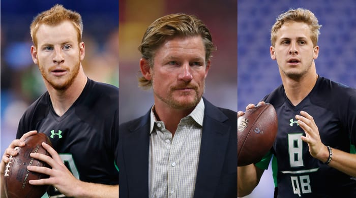 Rams GM Snead (center) gave up plenty but now can choose between Wentz (left) and Goff (right) for L.A.’s new quarterback.