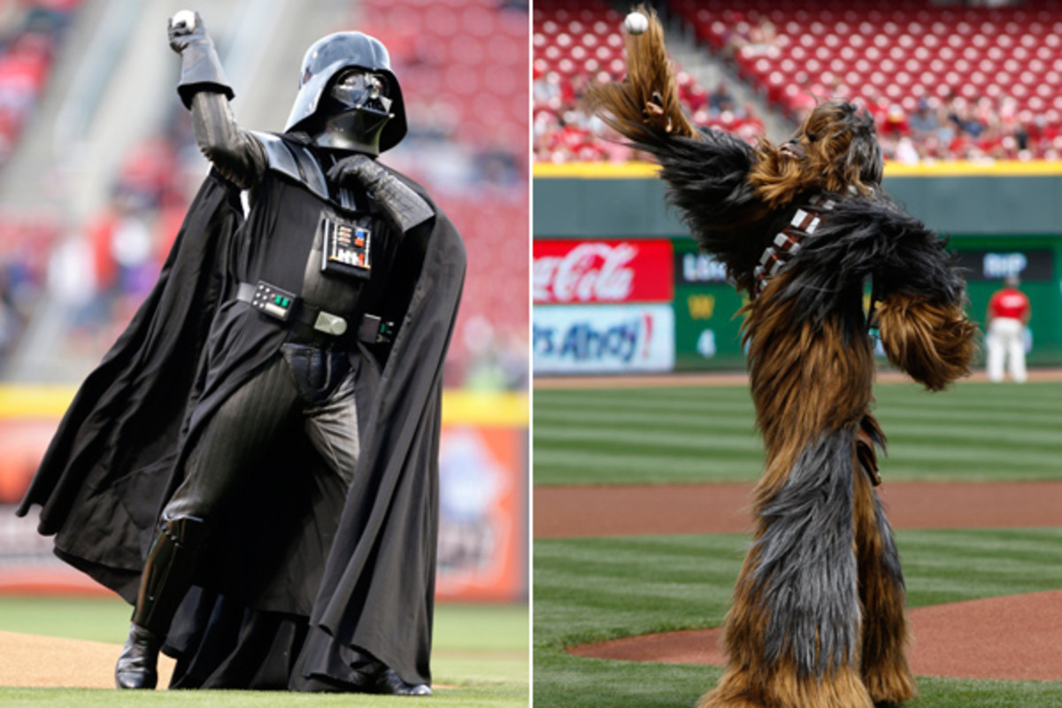 star wars baseball 2014 darth vader chewbacca first pitch reds