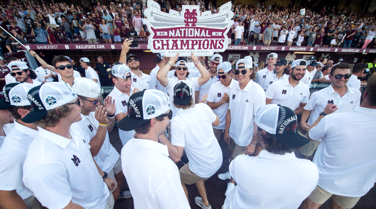 Mississippi State University’s baseball players cheer during their 2021 Baseball National Championship ceremony at the Dudy Noble Field at Polk-Dement Stadium on Friday, July 2, 2021.