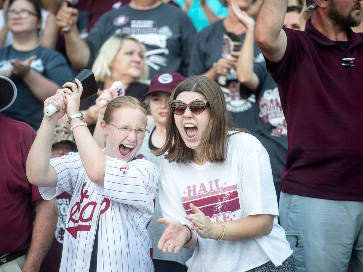 Mississippi State University fans cheer during MSU’s 2021 Baseball National Championship ceremony at the Dudy Noble Field at Polk-Dement Stadium on Friday, July 2, 2021.