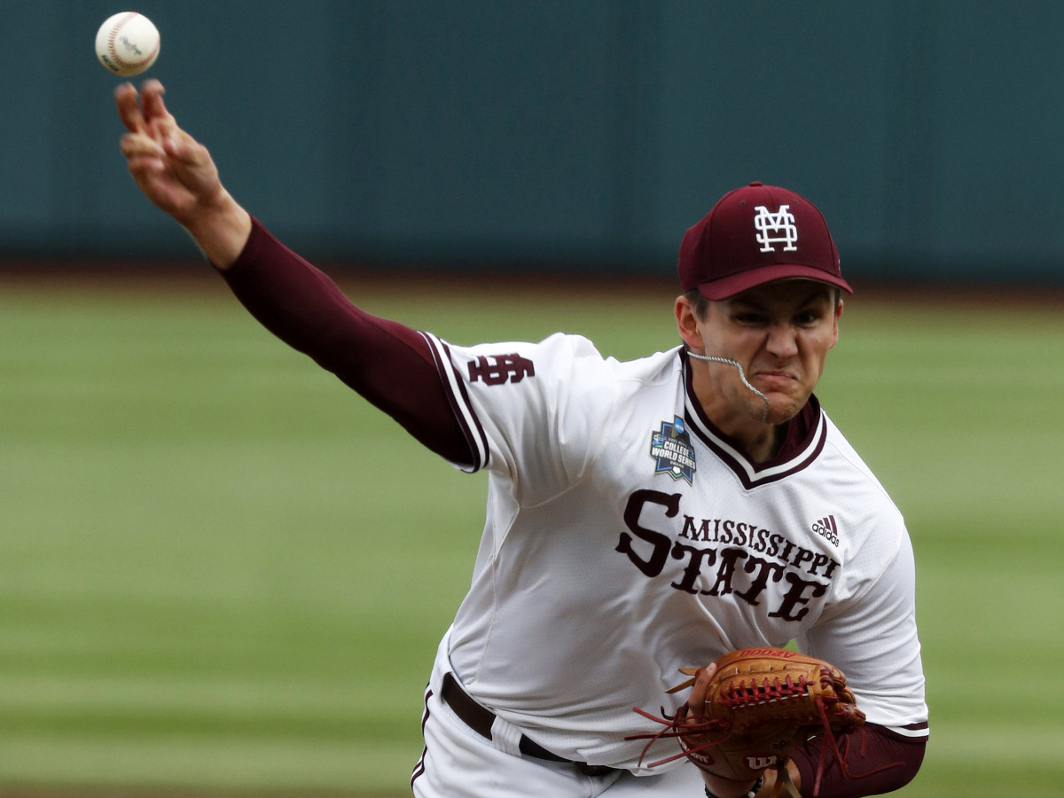 Jun 26, 2021; Omaha, Nebraska, USA;  Mississippi State Bulldogs pitcher Will Bednar (24) throws against the Texas Longhorns at TD Ameritrade Park.