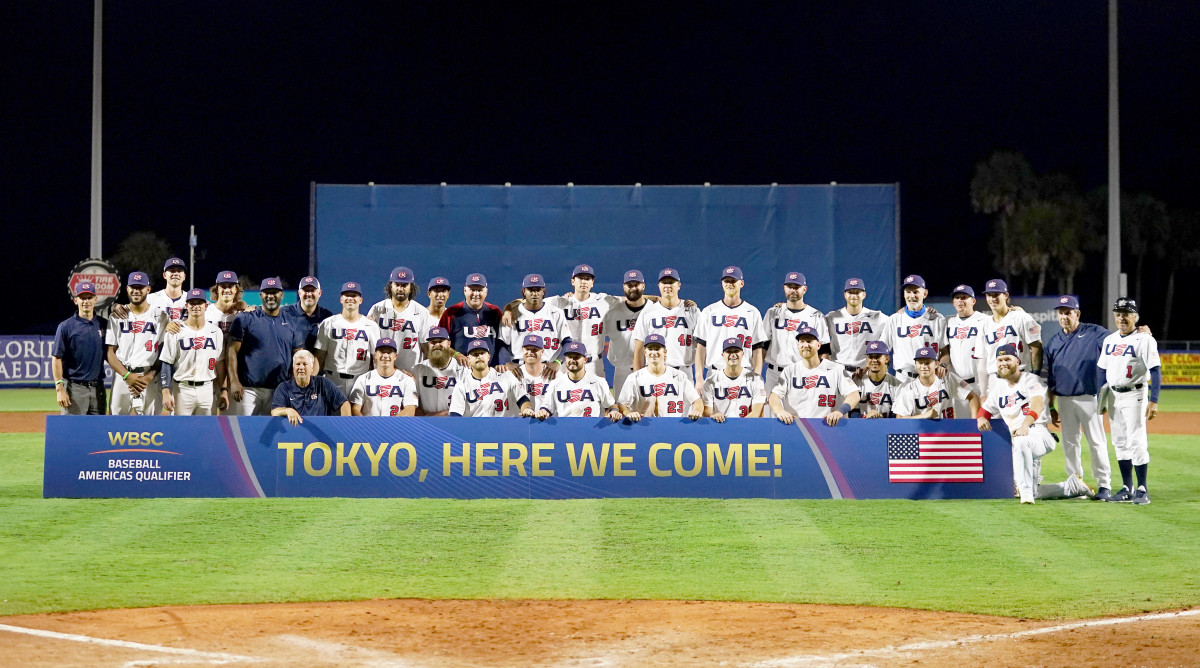Jun 5, 2021; Port St. Lucie, Florida, USA; USA players pose for a picture after defeating Venezuela in the Super Round of the WBSC Baseball Americas Qualifier series game at Clover Park, and qualifying for the Olympic Games in Tokyo Japan.